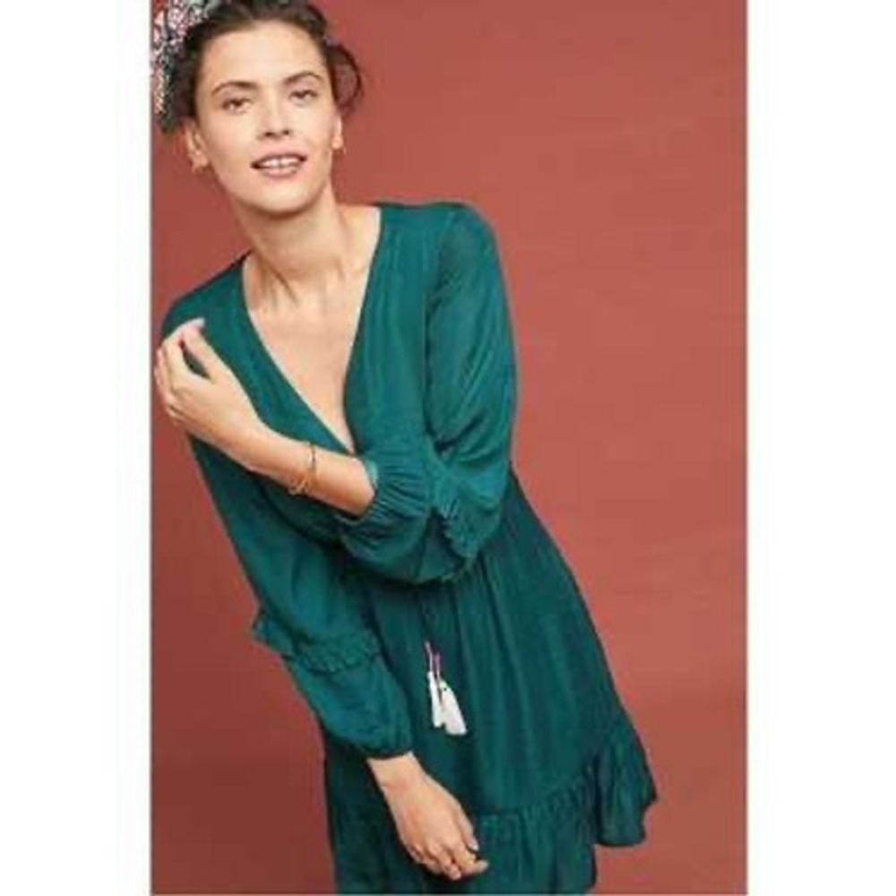 Dolan Left Coast Anthropologie Green Ruffle Tassel V-Neck Mini Dress Womens S